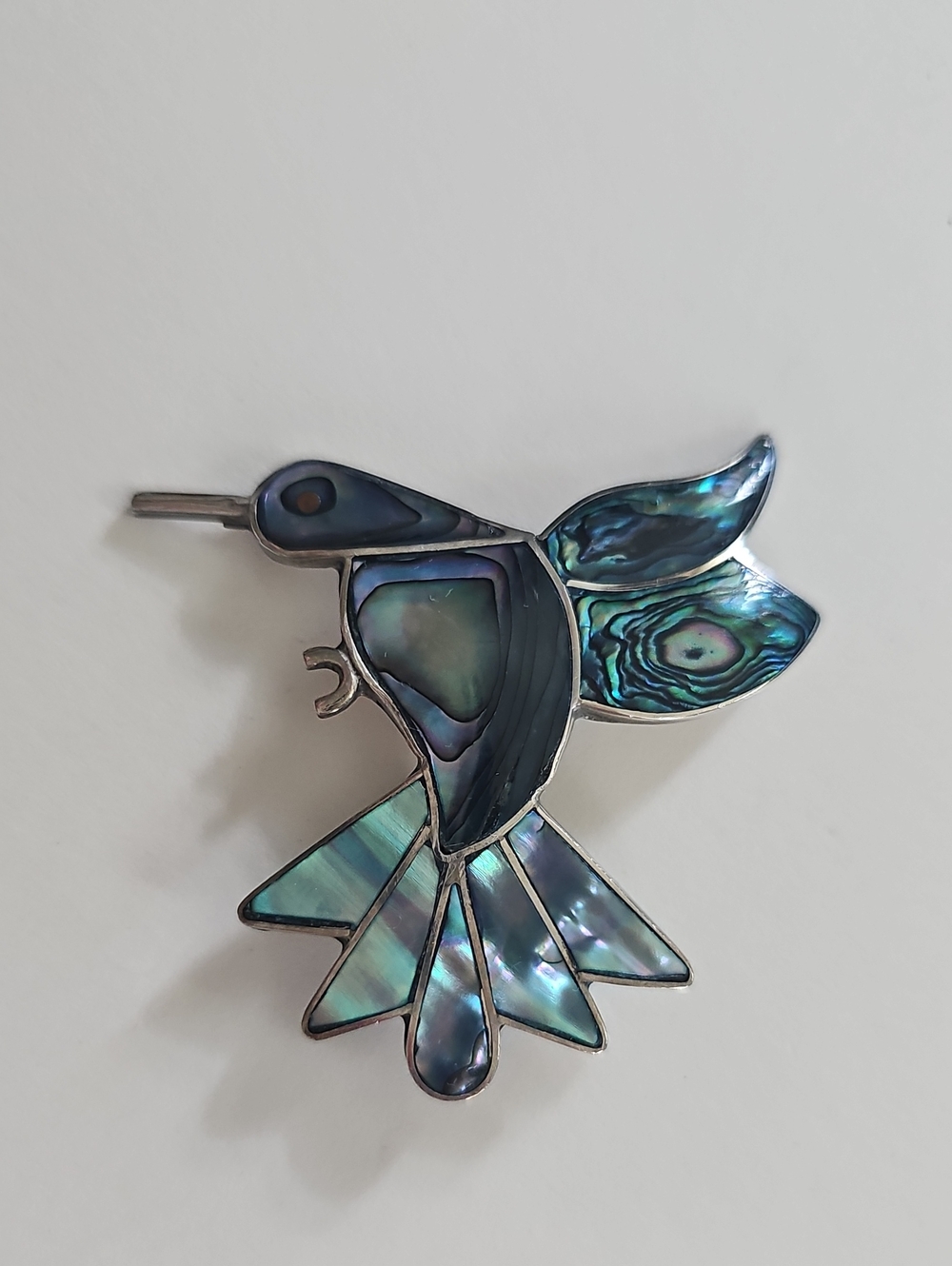 Abalone Shell Hummingbird Brooch - Iridescent Blue-Green